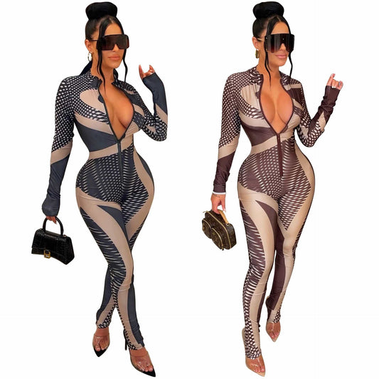 C1102TA85 High Quality Casual Long Sleeve Print Zipper Bodycon One Piece Jumpsuit Women Sehe Fashion