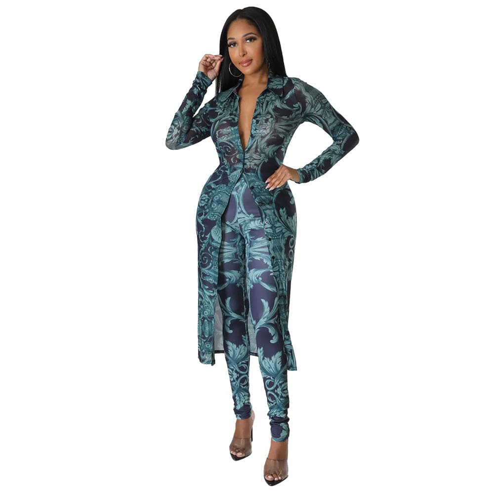 C1102TA88 Autumn Trendy Casual Print Long Cardigans Bodycon 2 Piece Pants Set Women Sehe Fashion