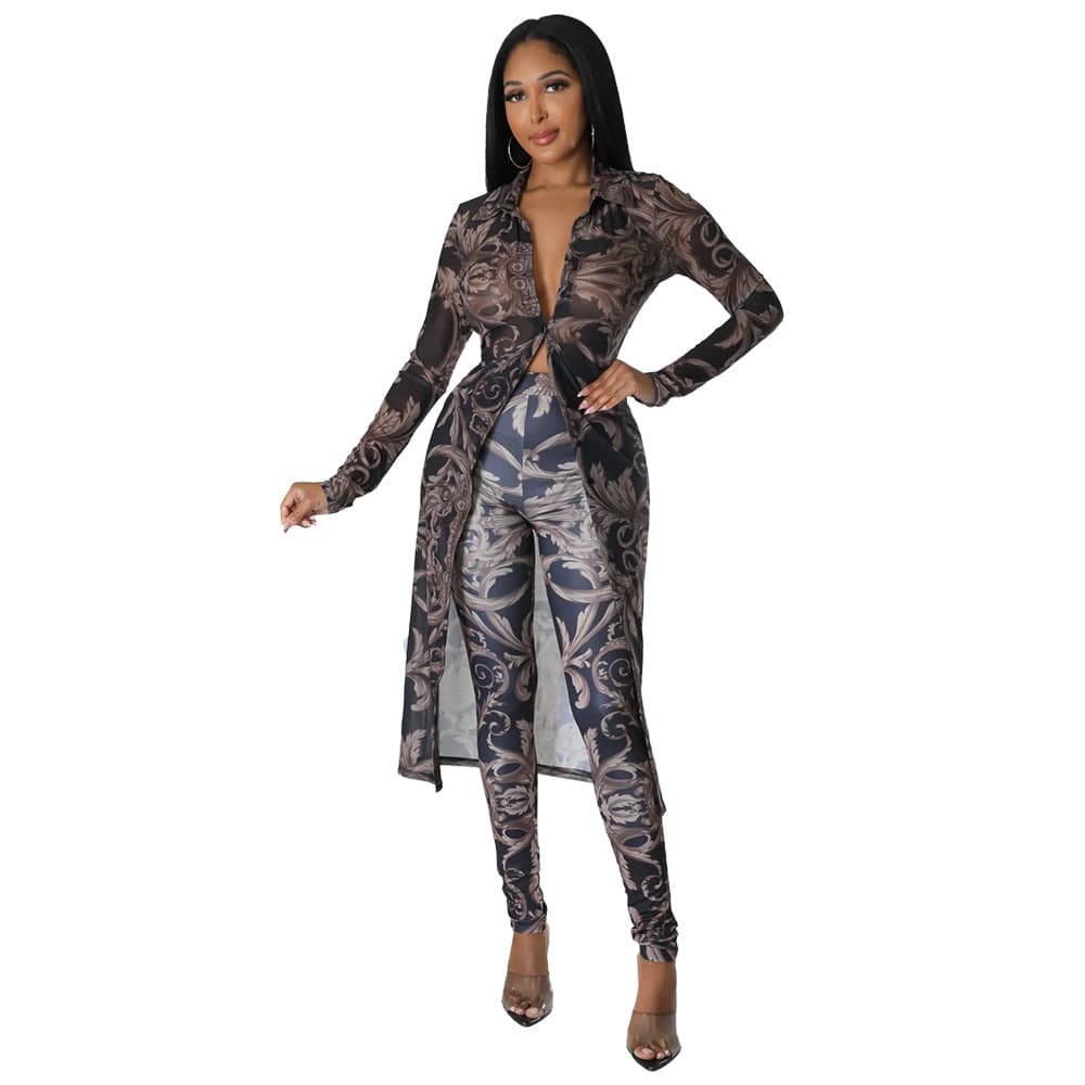 C1102TA88 Autumn Trendy Casual Print Long Cardigans Bodycon 2 Piece Pants Set Women Sehe Fashion