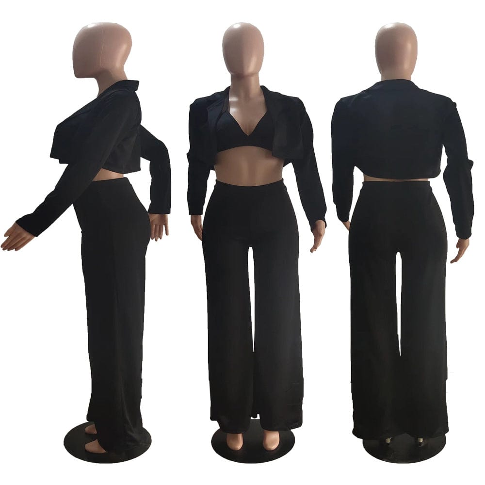 C1102TA9 Dropshipping Casual Crop Top Short Coat Wide Leg Three Piece Pants Set Women Sehe Fashion