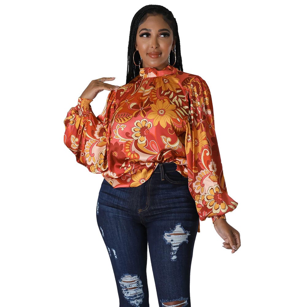 C1102TA97 Street Style Casual Turtleneck Floral Print Puff Sleeve Blouses For Women Sehe Fashion