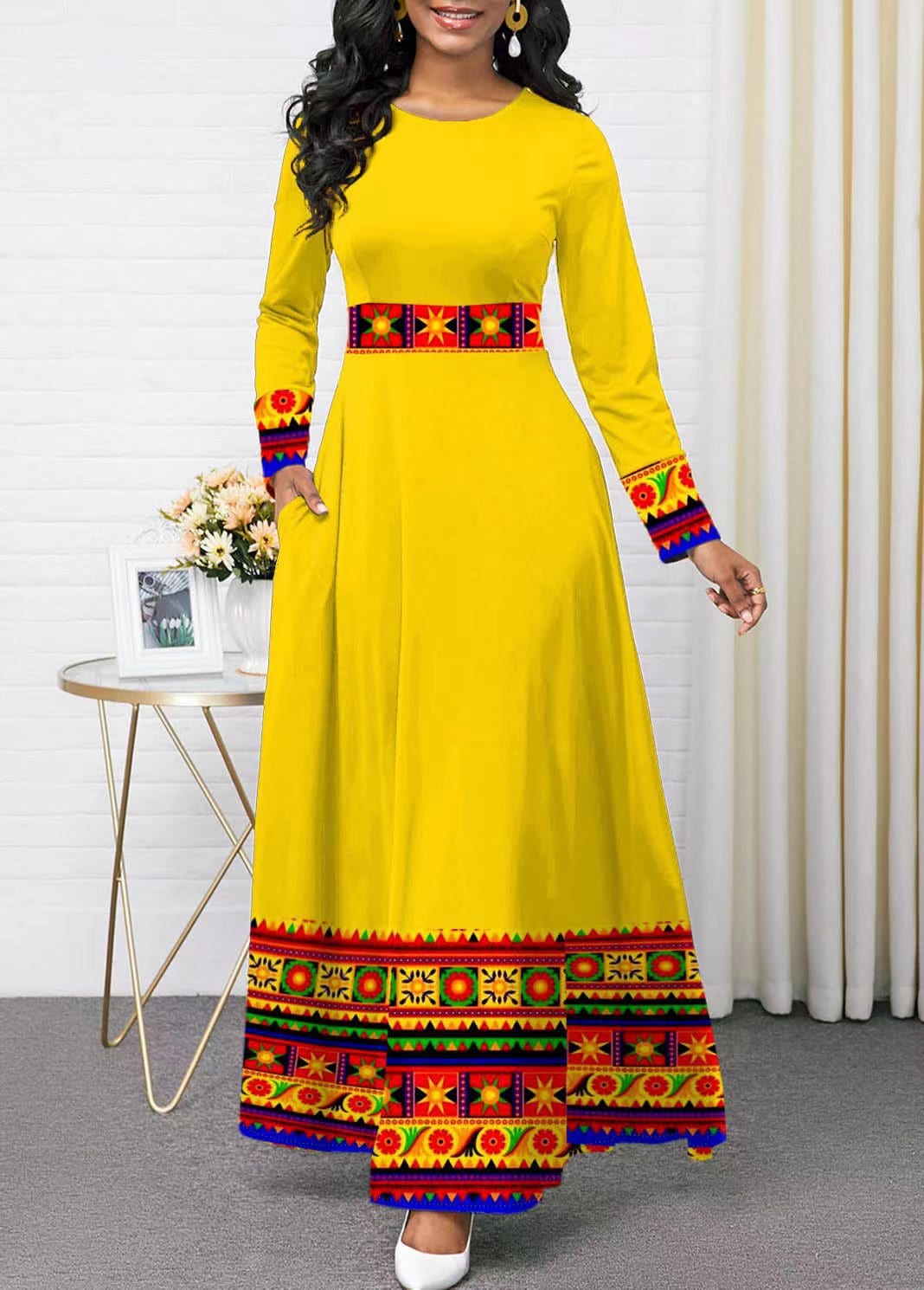 C1103ME11 New Popular Casual Print Spliced High Waist Autumn Maxi Dress Women Sehe Fashion