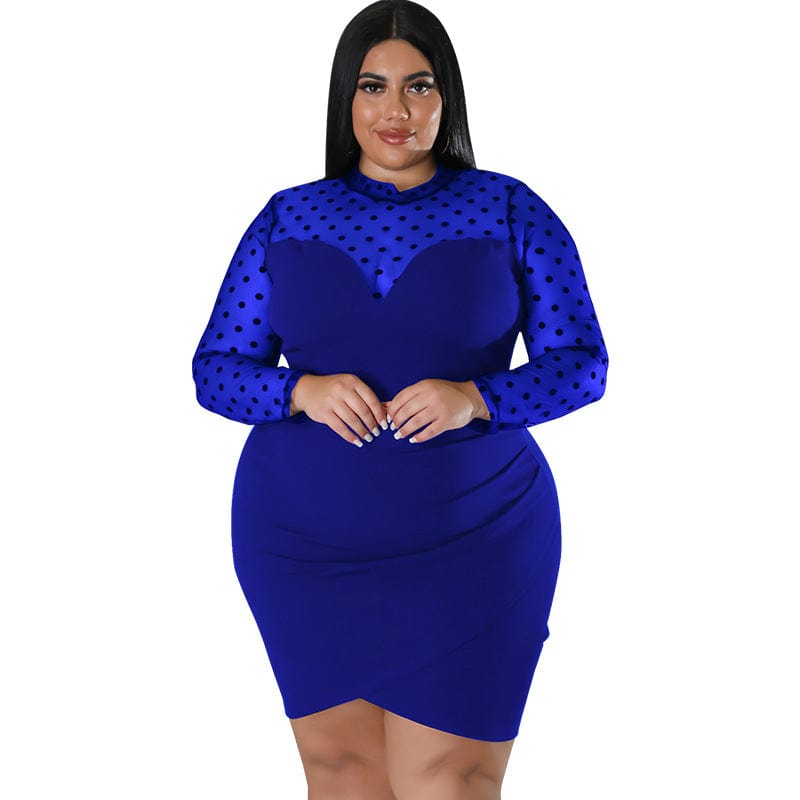 C1103ME43 New Arrival Plus Size Sexy Sheer Mesh Dot Print Bodycon Irregular Dress Women Sehe Fashion