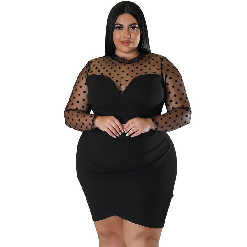 C1103ME43 New Arrival Plus Size Sexy Sheer Mesh Dot Print Bodycon Irregular Dress Women Sehe Fashion