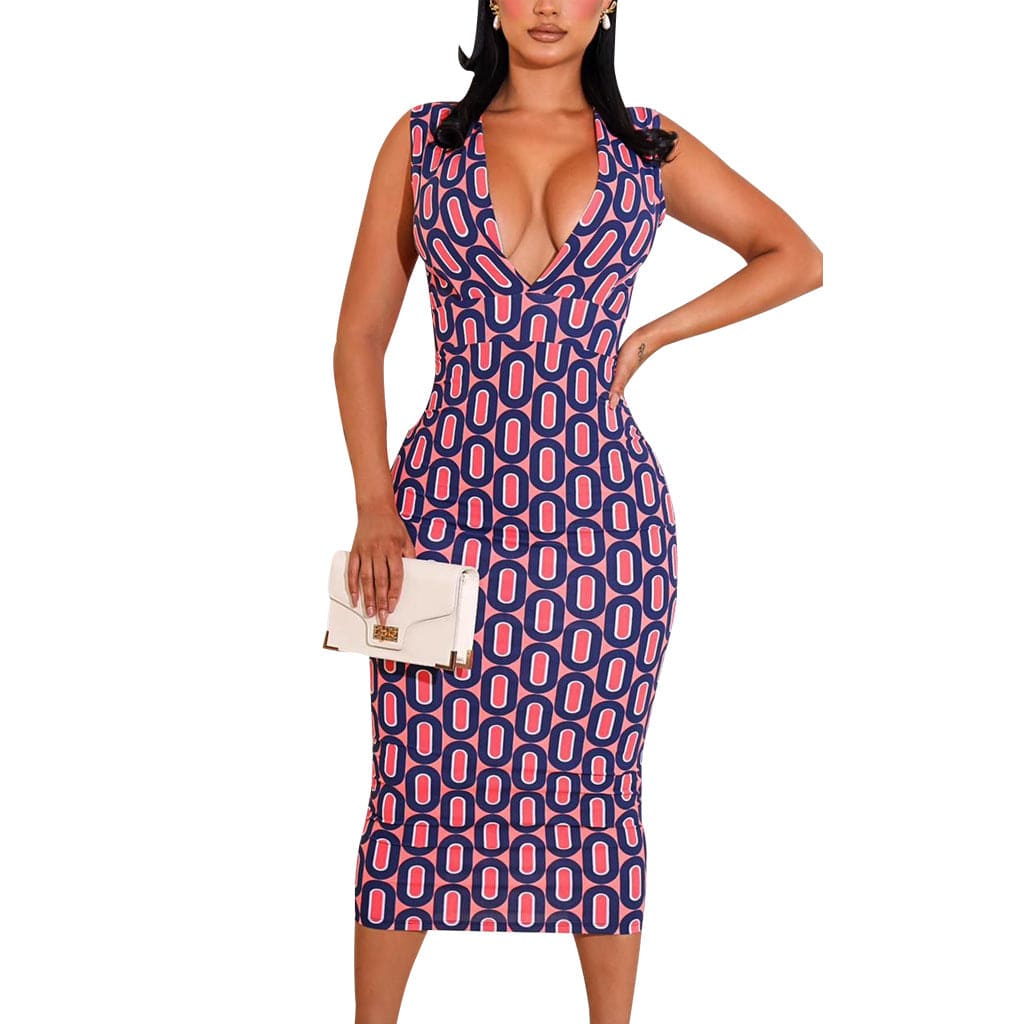 C1103TA10 Wholesale Sexy Deep V Geometric Print Bodycon Sleeveless Dress Women Sehe Fashion