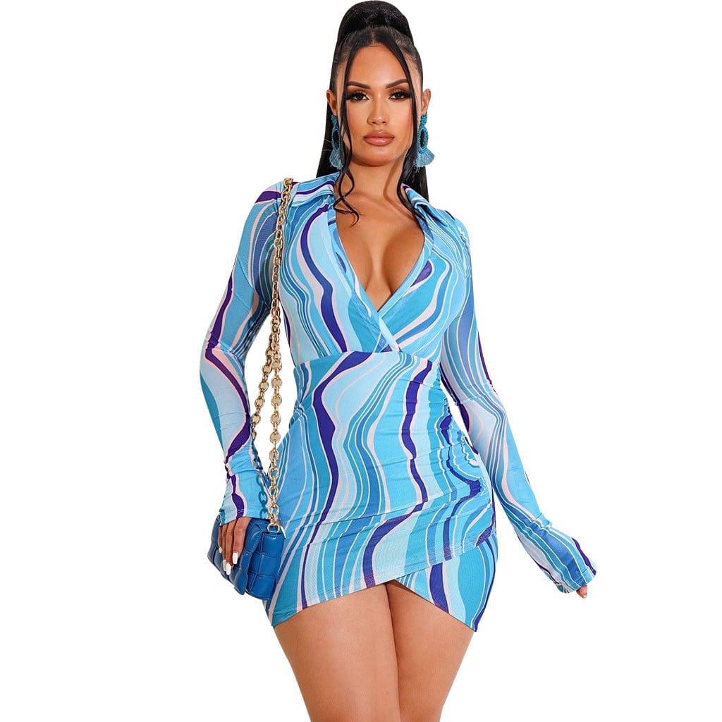 C1103TA12 Latest Sexy V Neck Geometric Print Pleated Bodycon Irregular Mini Dress Women Sehe Fashion