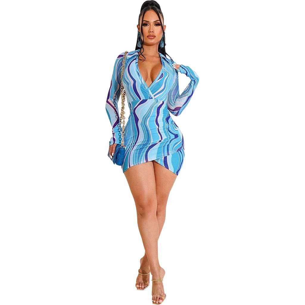 C1103TA12 Latest Sexy V Neck Geometric Print Pleated Bodycon Irregular Mini Dress Women Sehe Fashion