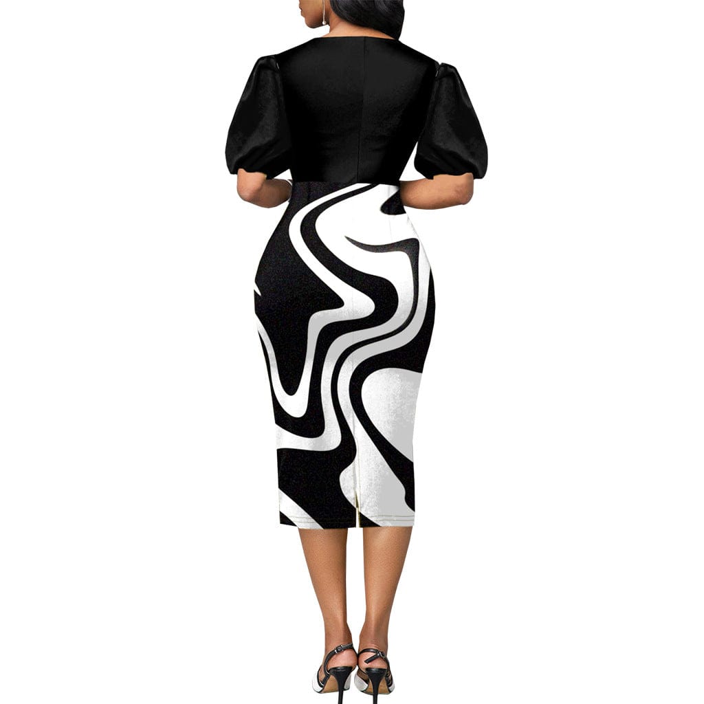 C1103TA13 Office Style Elegant Short Sleeve Geometric Print Bodycon Dress Women Sehe Fashion