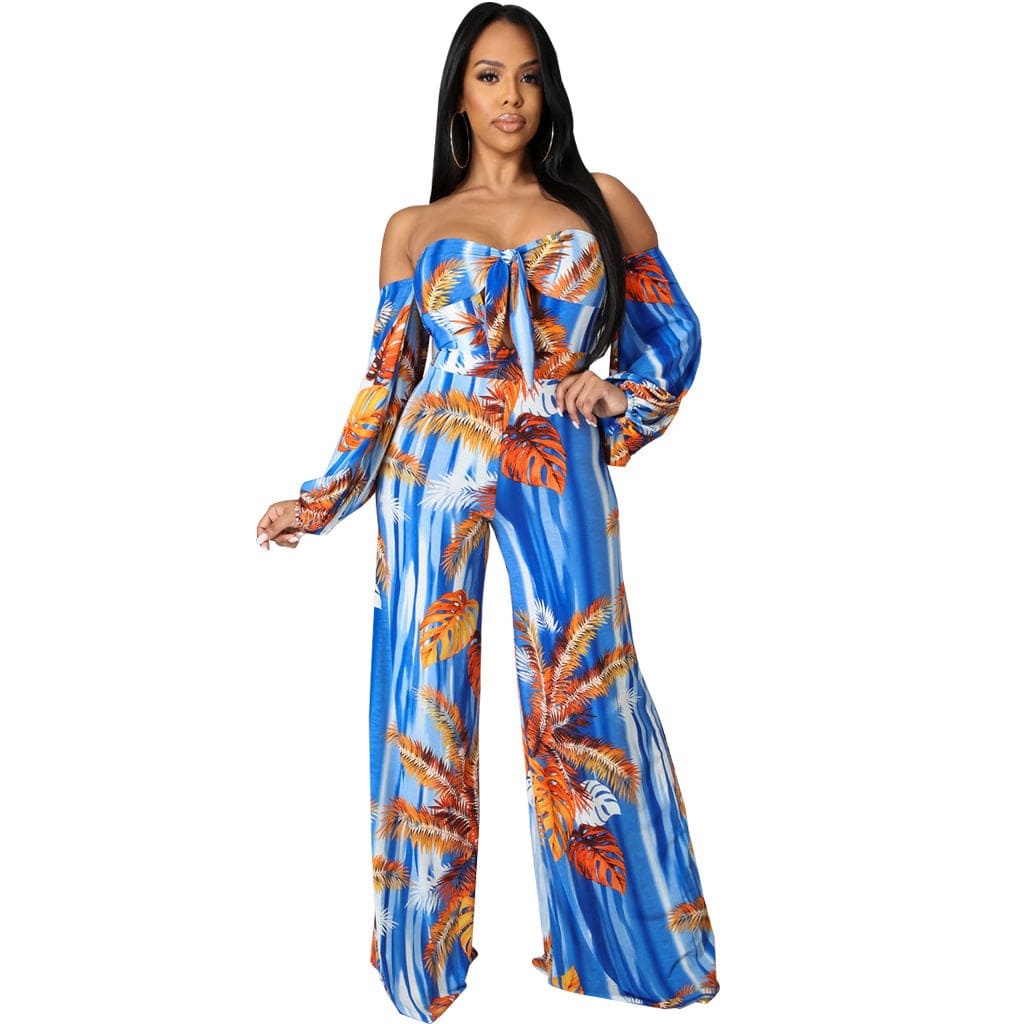 C1103TA14 New Design Sexy Off Shoulder Leaf Print High Waist One Piece Jumpsuit Women Sehe Fashion