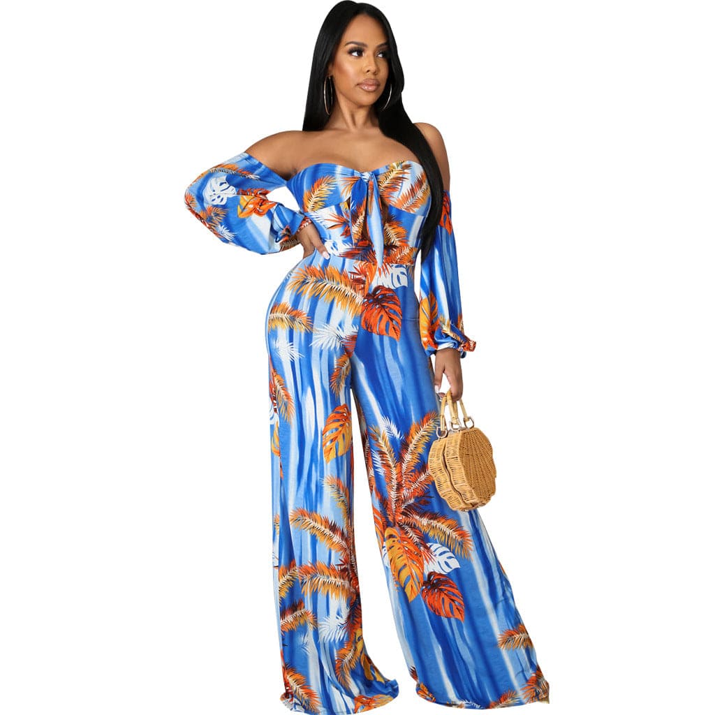 C1103TA14 New Design Sexy Off Shoulder Leaf Print High Waist One Piece Jumpsuit Women Sehe Fashion