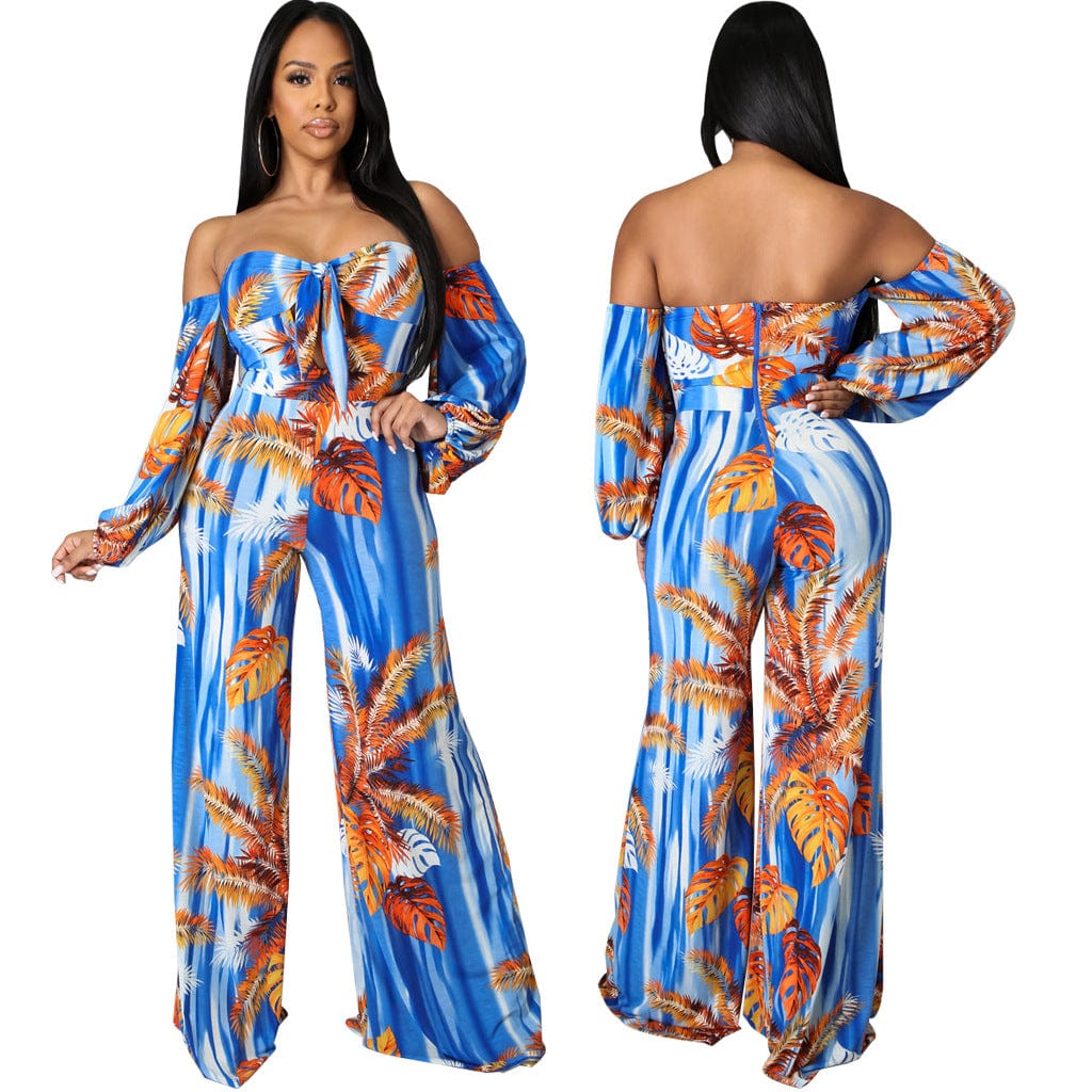 C1103TA14 New Design Sexy Off Shoulder Leaf Print High Waist One Piece Jumpsuit Women Sehe Fashion