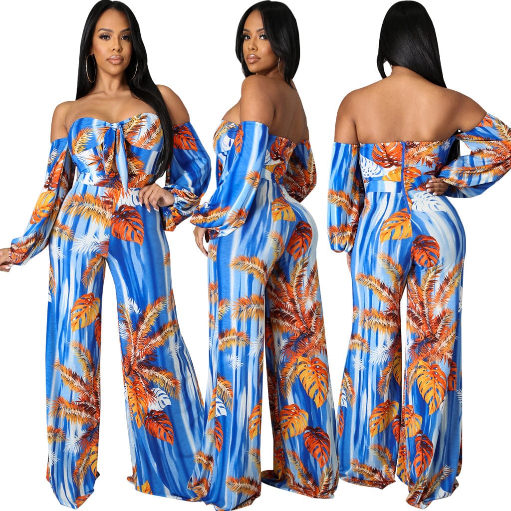 C1103TA14 New Design Sexy Off Shoulder Leaf Print High Waist One Piece Jumpsuit Women Sehe Fashion