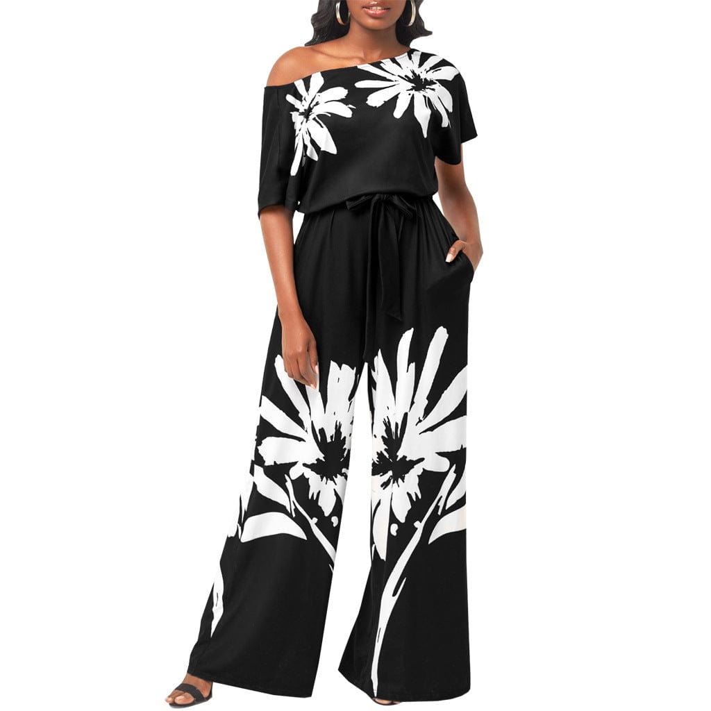 C1103TA16 Summer Trendy Casual One Shoulder Floral Print Straight One Piece Jumpsuit Women Sehe Fashion