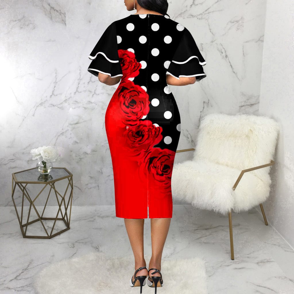 C1103TA17 Office Elegant Dot Floral Print Ruffles Stack Sleeve Bodycon Dress Women Sehe Fashion