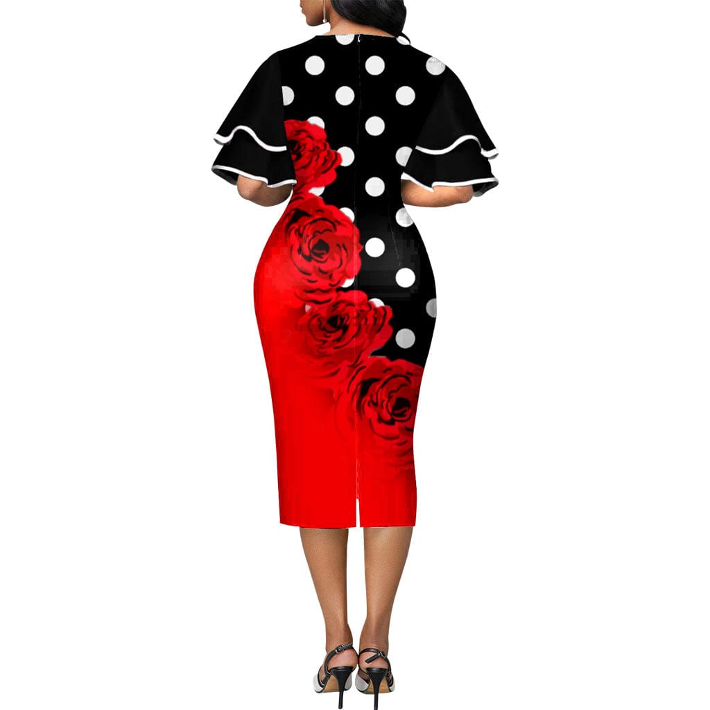 C1103TA17 Office Elegant Dot Floral Print Ruffles Stack Sleeve Bodycon Dress Women Sehe Fashion