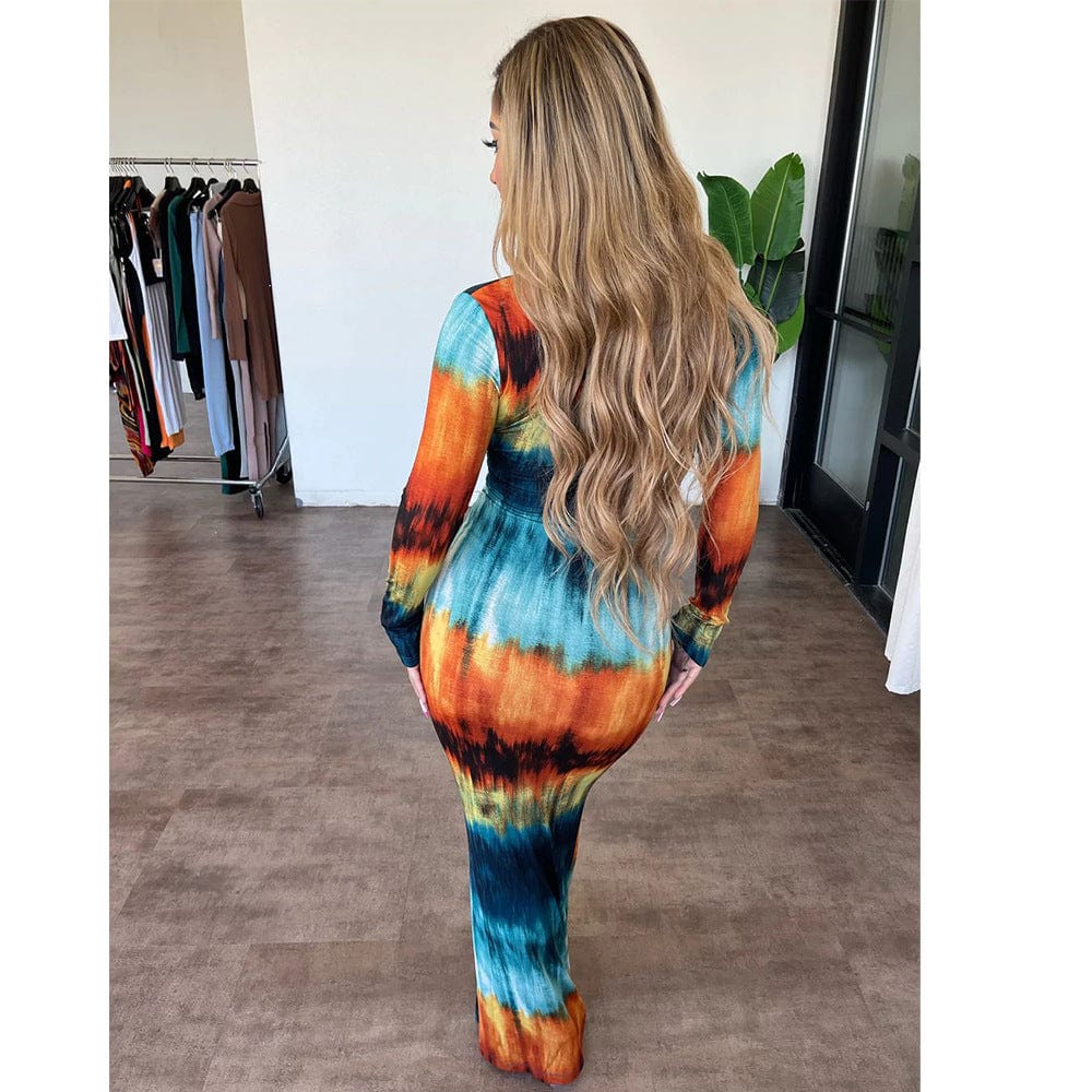 C1103TA2 Wholesale Autumn Sexy Deep V Tie Dye Bodycon Long Dress For Women Sehe Fashion