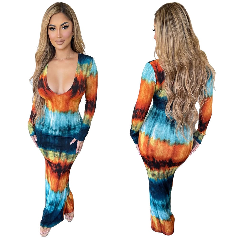 C1103TA2 Wholesale Autumn Sexy Deep V Tie Dye Bodycon Long Dress For Women Sehe Fashion