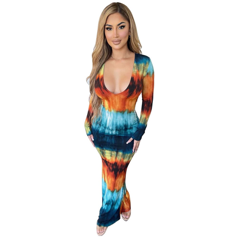 C1103TA2 Wholesale Autumn Sexy Deep V Tie Dye Bodycon Long Dress For Women Sehe Fashion