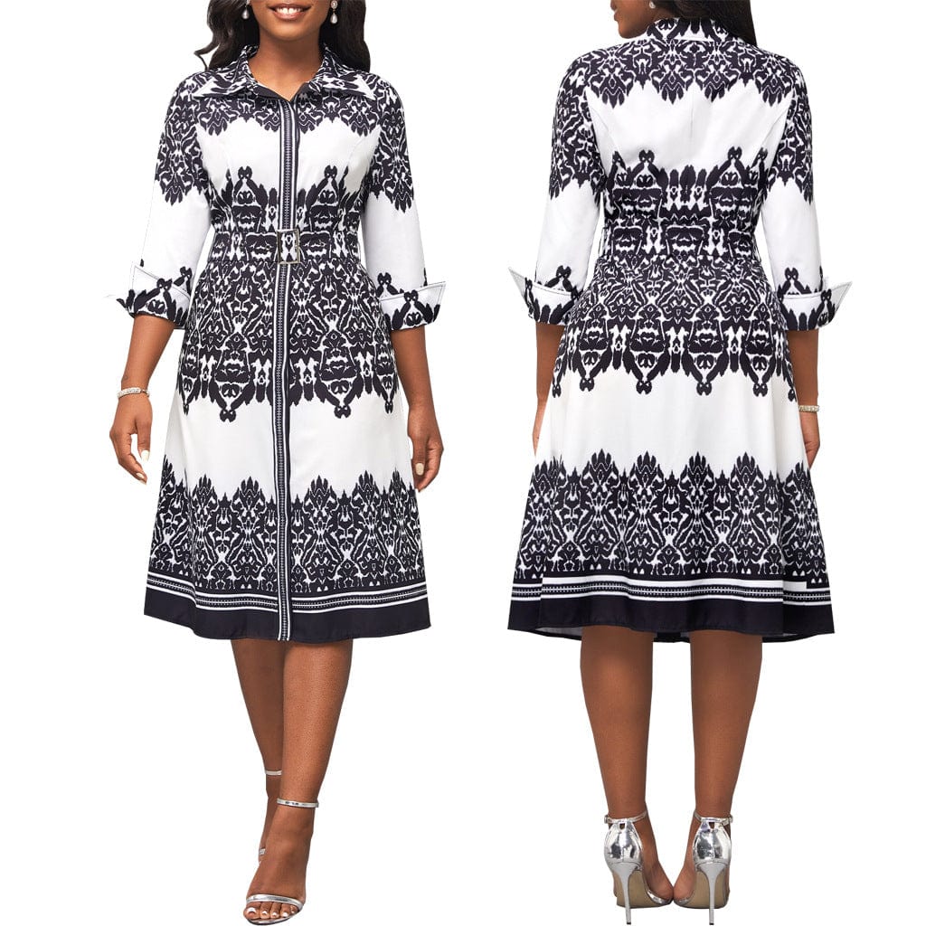 C1103TA51 Office Style Casual Unique Print Shirt Dress Women With Belt Sehe Fashion