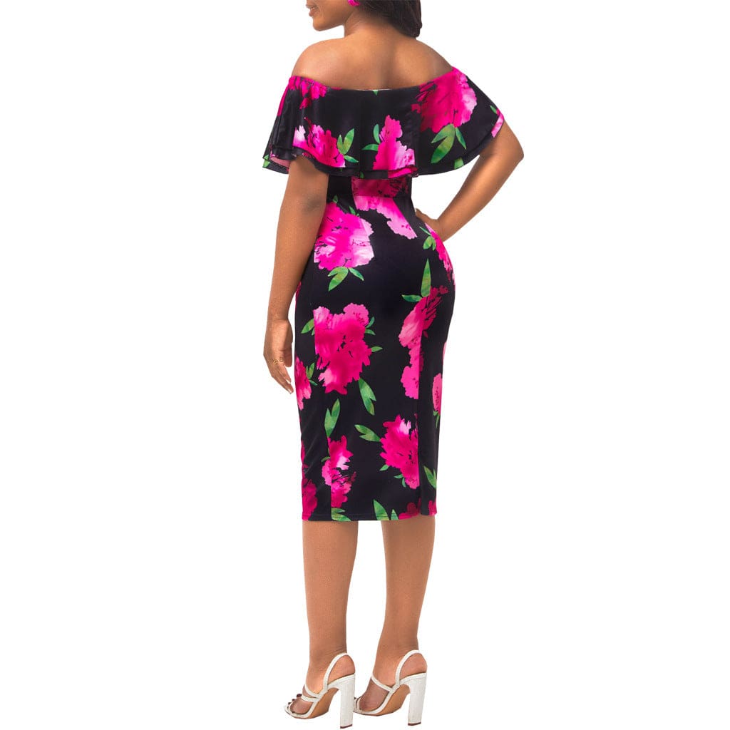 C1103TA7 Vacation Style Casual Off Shoulder Floral Print Ruffles Bodycon Dress Women Sehe Fashion