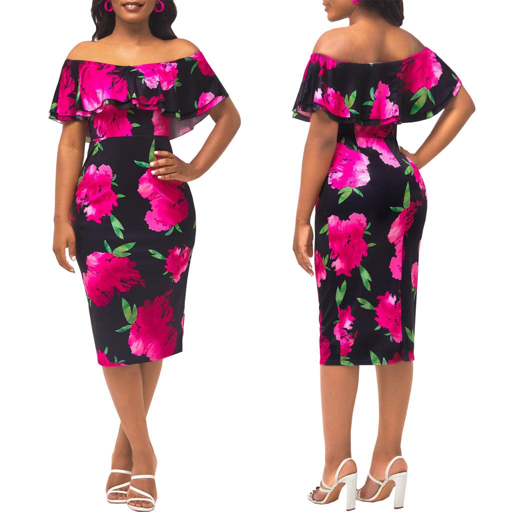 C1103TA7 Vacation Style Casual Off Shoulder Floral Print Ruffles Bodycon Dress Women Sehe Fashion