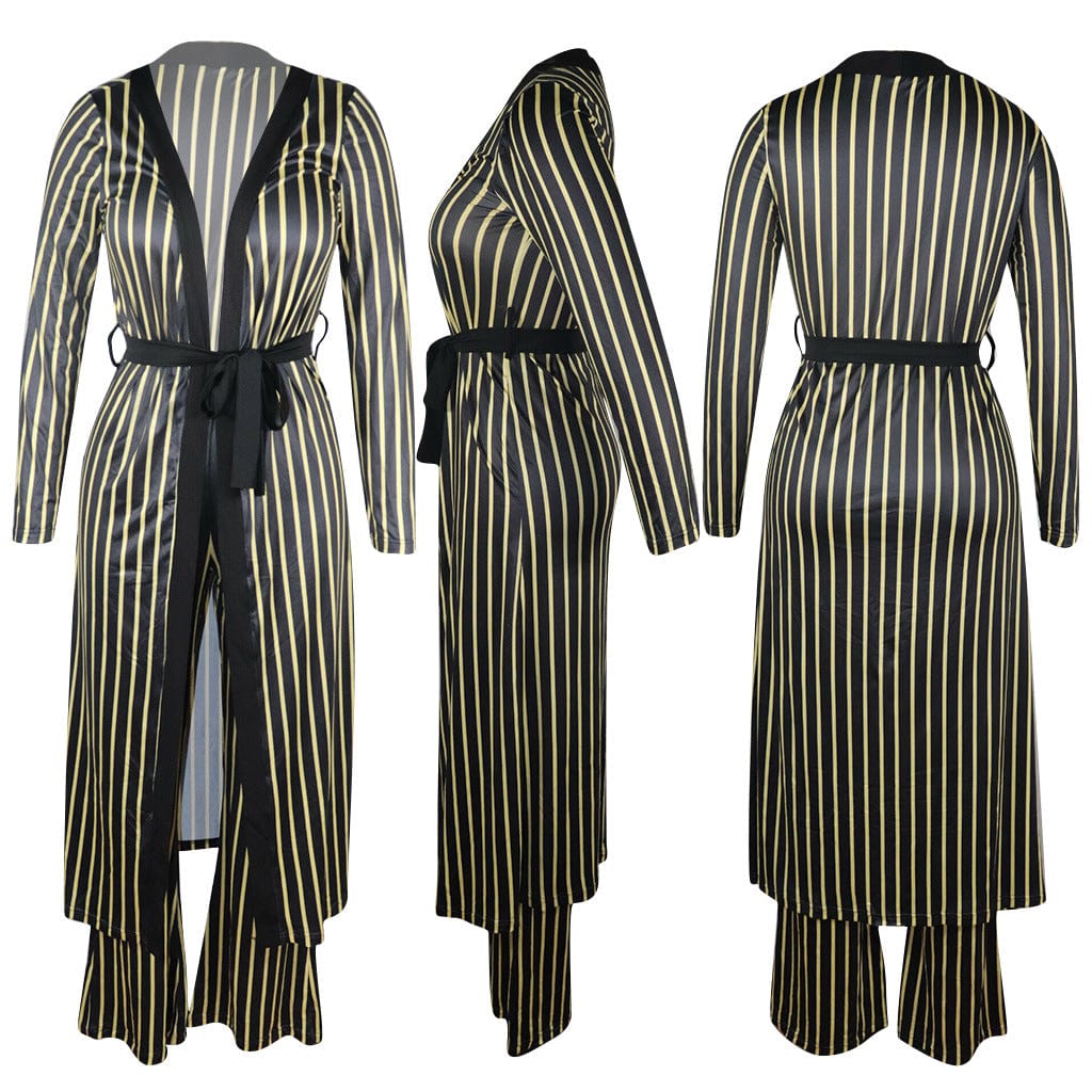 C1103TA81 New Popular Casual Striped Print Long Cardigans High Waist Pants 2-piece Set Women Sehe Fashion