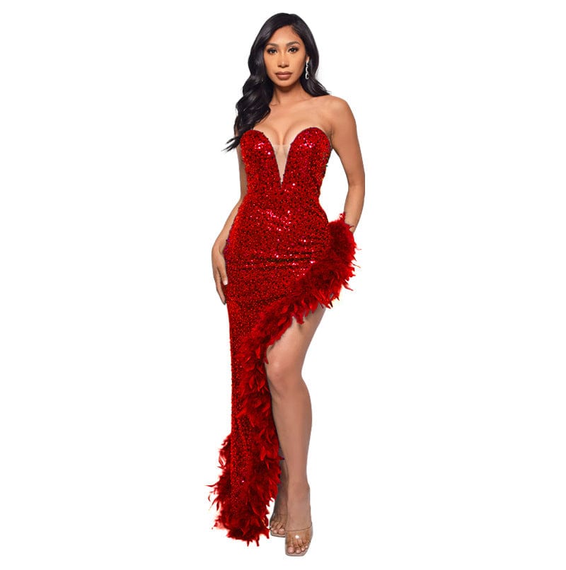 C1104ME24 High Quality Sexy Strapless Sequin Feathers Spliced Slit Party Dress Women Sehe Fashion