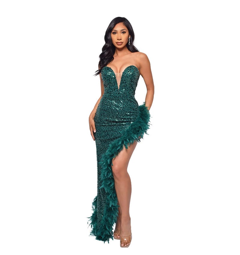 C1104ME24 High Quality Sexy Strapless Sequin Feathers Spliced Slit Party Dress Women Sehe Fashion