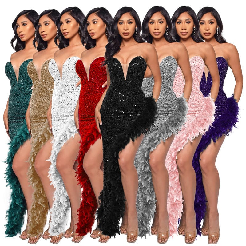 C1104ME24 High Quality Sexy Strapless Sequin Feathers Spliced Slit Party Dress Women Sehe Fashion