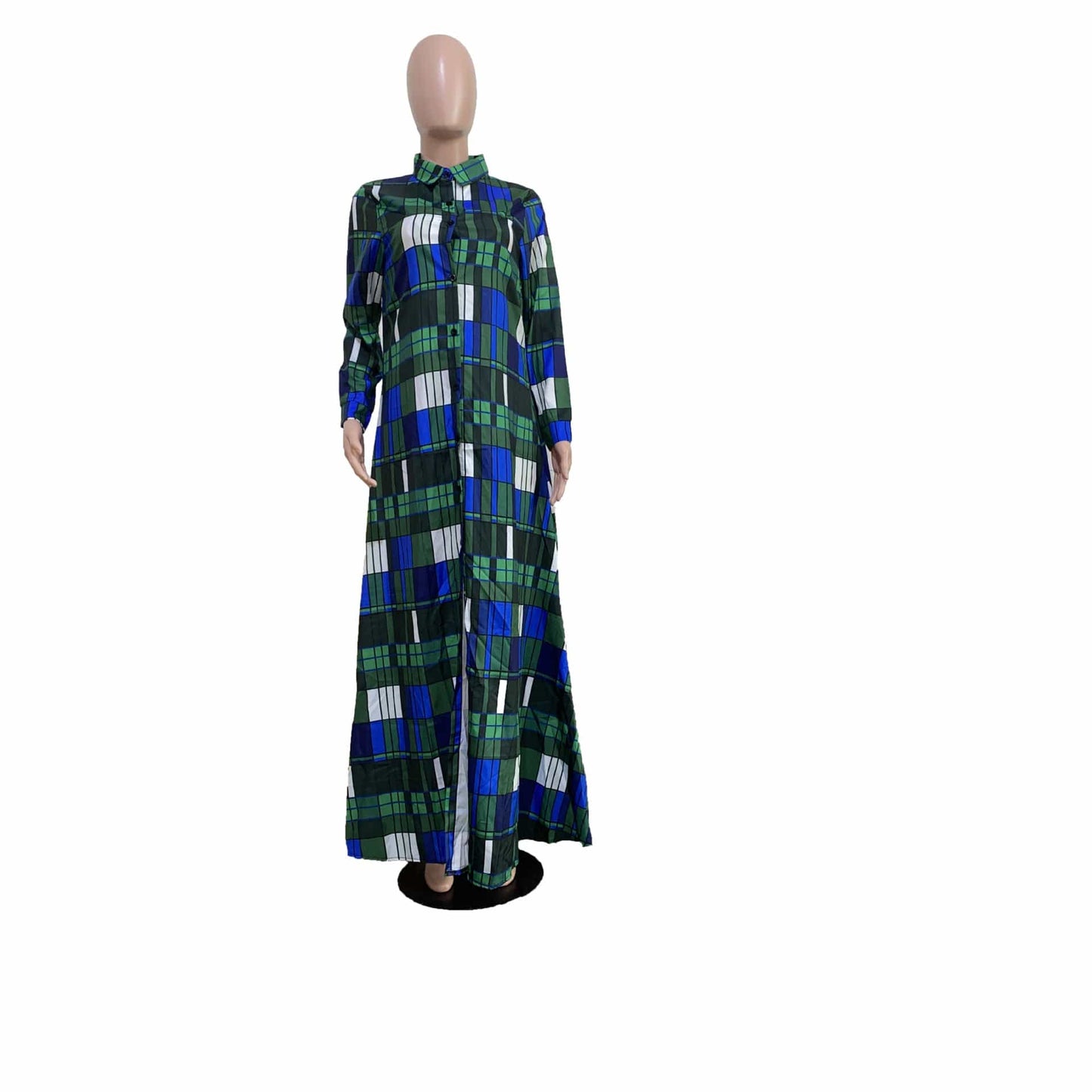 C1104ME26 Street Style Plus Size Casual Plaid Print Loose Shirt Long Dress Women Sehe Fashion