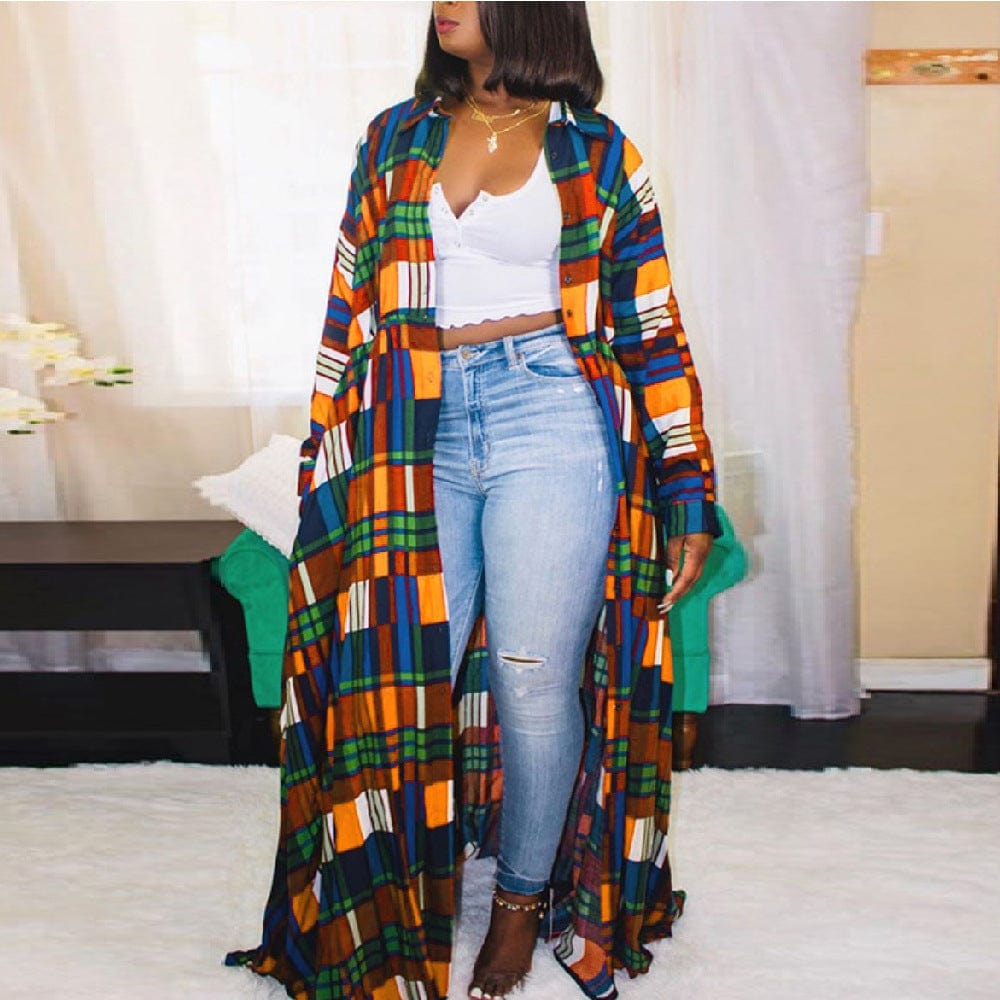 C1104ME26 Street Style Plus Size Casual Plaid Print Loose Shirt Long Dress Women Sehe Fashion