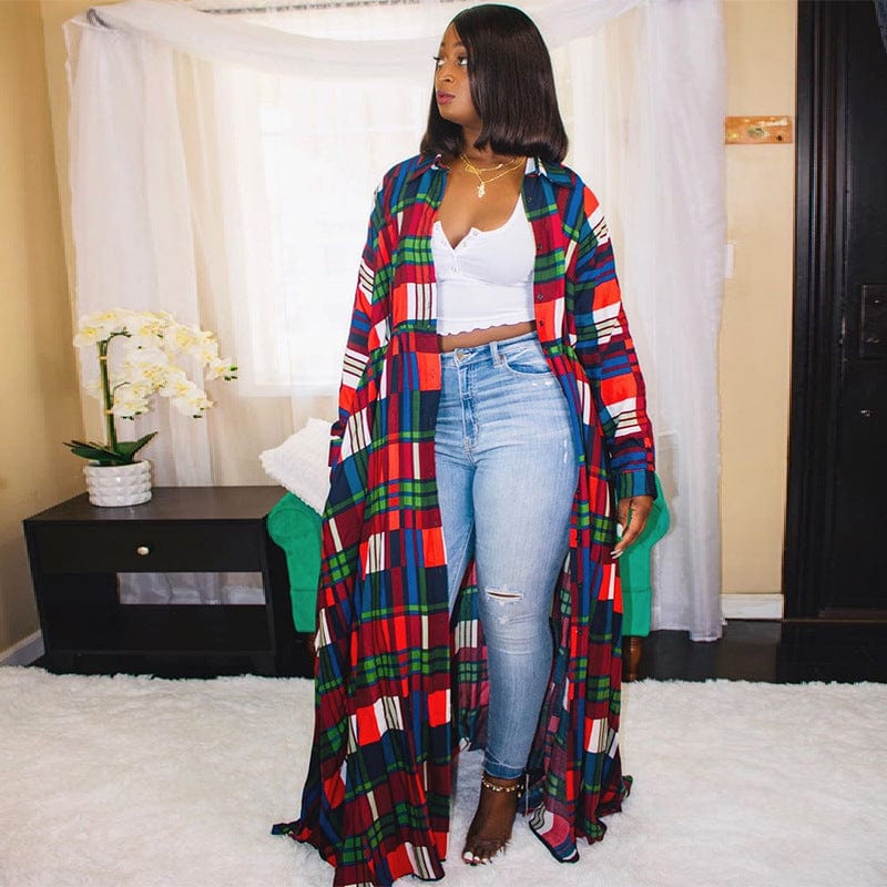 C1104ME26 Street Style Plus Size Casual Plaid Print Loose Shirt Long Dress Women Sehe Fashion