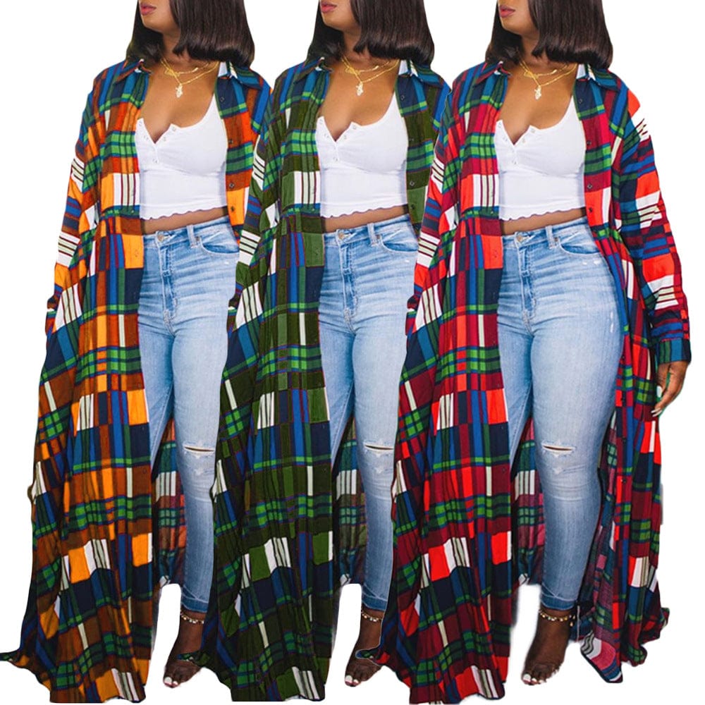 C1104ME26 Street Style Plus Size Casual Plaid Print Loose Shirt Long Dress Women Sehe Fashion