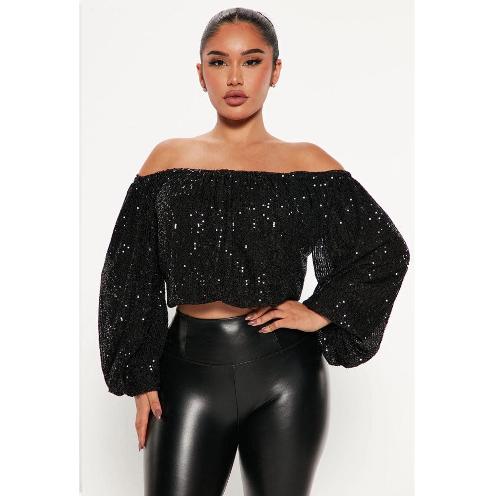 C1104TA21 Dropshipping Sexy Off Shoulder Sequin Crop Top For Ladies Sehe Fashion