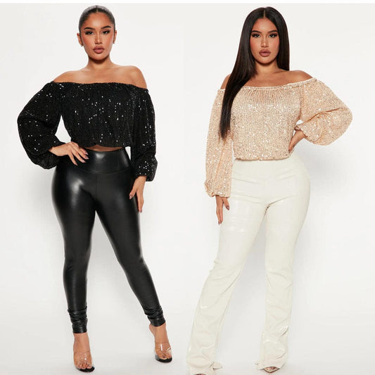 C1104TA21 Dropshipping Sexy Off Shoulder Sequin Crop Top For Ladies Sehe Fashion