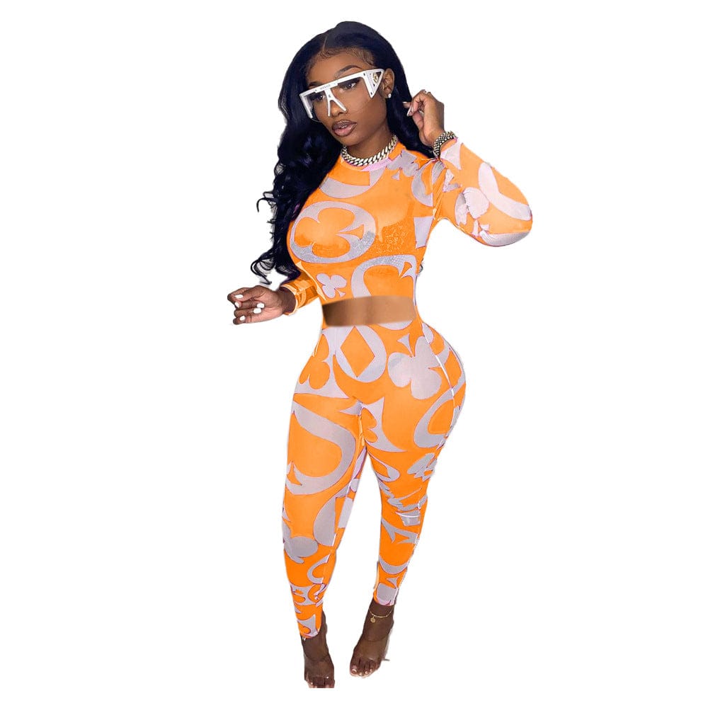 C1104TA9 Dropshipping Casual See Through Geometric Print Bodycon 2 Piece Pants Set Women Sehe Fashion