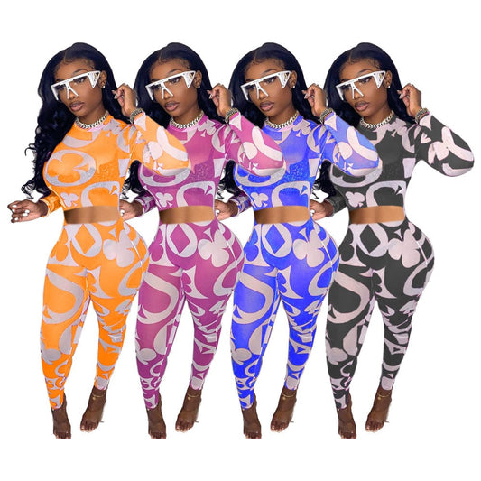 C1104TA9 Dropshipping Casual See Through Geometric Print Bodycon 2 Piece Pants Set Women Sehe Fashion