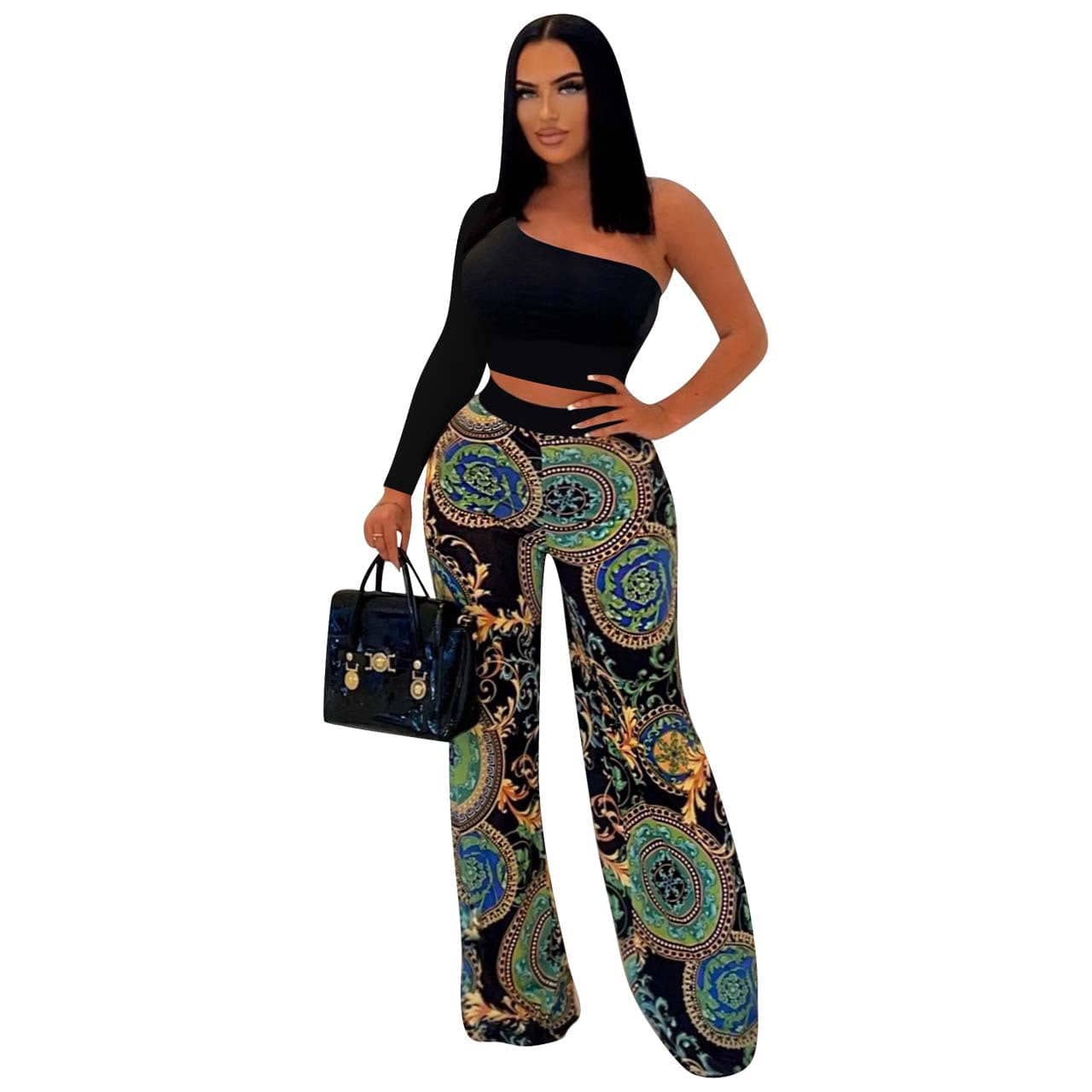 Casual Print Wide Leg Pants and Tops One Shoulder Long SleeveTwo Pieces Pants Set For Women