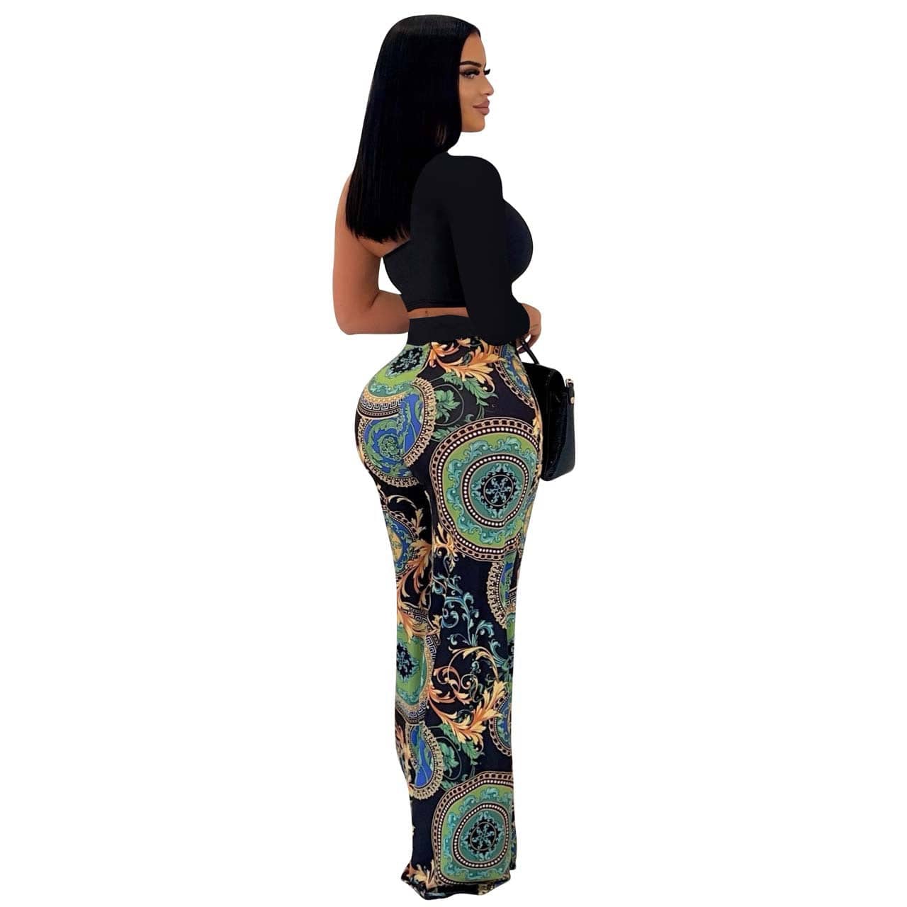 Casual Print Wide Leg Pants and Tops One Shoulder Long SleeveTwo Pieces Pants Set For Women