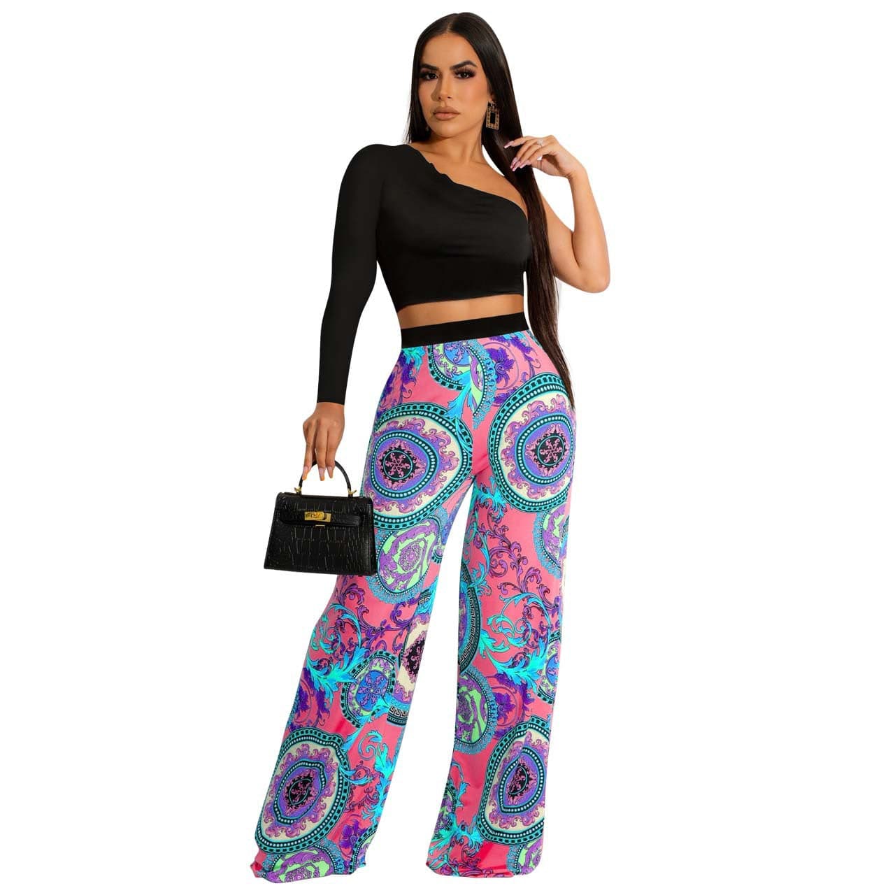 Casual Print Wide Leg Pants and Tops One Shoulder Long SleeveTwo Pieces Pants Set For Women