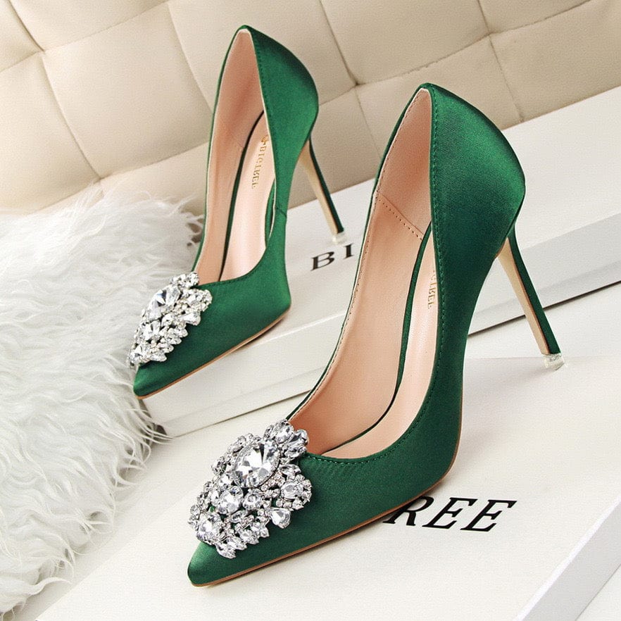 Chaussures a Talons Vert Tacones De Mujer Bling Rhinestone Green Elegant Women Wedding High Heels for Ladies Pumps Shoes