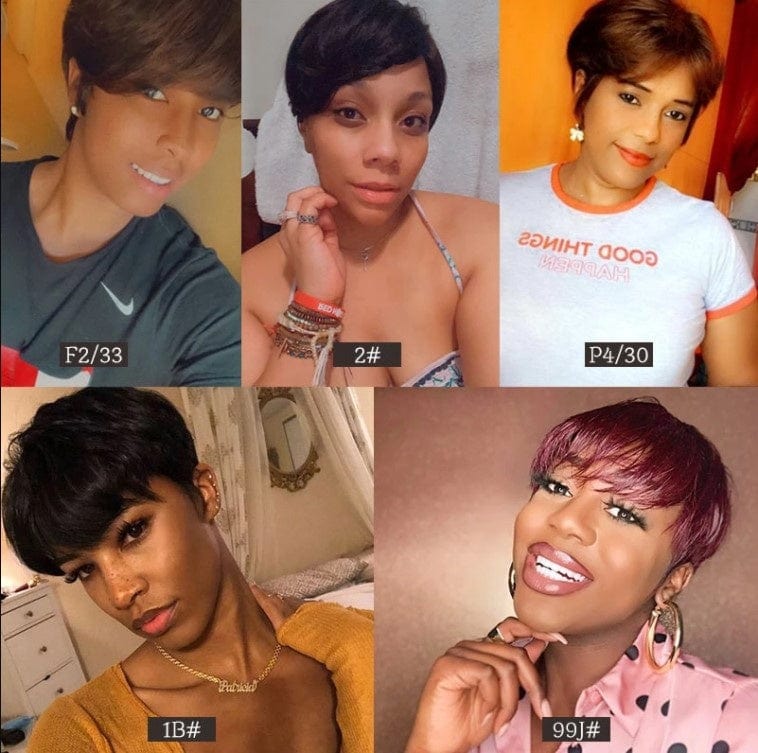 Cheap Short Straight Wig With Bang Pixie Cut Brazilian Full Machine made Natural black Red Brown Human Hair Wigs For black women