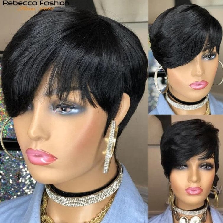 Cheap Short Straight Wig With Bang Pixie Cut Brazilian Full Machine made Natural black Red Brown Human Hair Wigs For black women