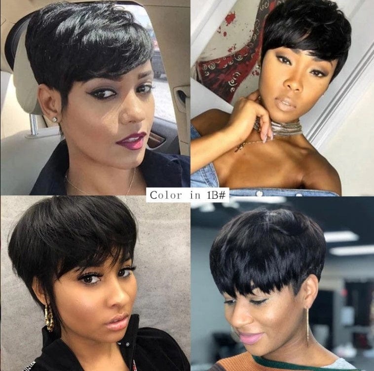 Cheap Short Straight Wig With Bang Pixie Cut Brazilian Full Machine made Natural black Red Brown Human Hair Wigs For black women