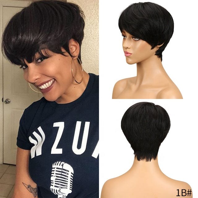 Cheap Short Straight Wig With Bang Pixie Cut Brazilian Full Machine made Natural black Red Brown Human Hair Wigs For black women