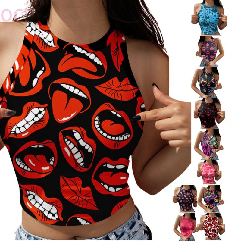 Cheap Summer Girls Y2K Cute Crew Neck Womens Workout Crop Tank Tops  Sexy Graphic Print Sleeveless Tank Top Women Vest