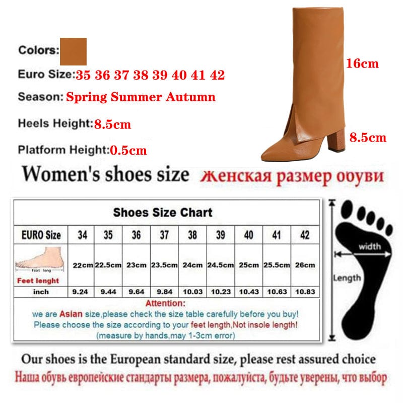 Chelsea Boots Sewing Winter Mid-Calf 2022 PU Fashion Slip-On Solid Pointed Toe Squared Heels Brown Size 35-42 Women Shoes