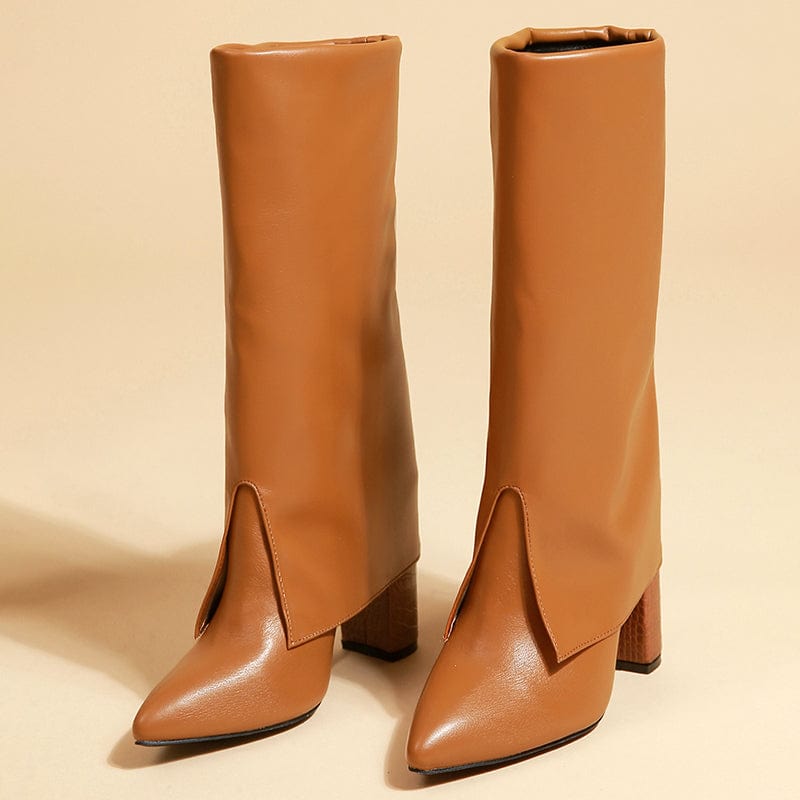 Chelsea Boots Sewing Winter Mid-Calf 2022 PU Fashion Slip-On Solid Pointed Toe Squared Heels Brown Size 35-42 Women Shoes