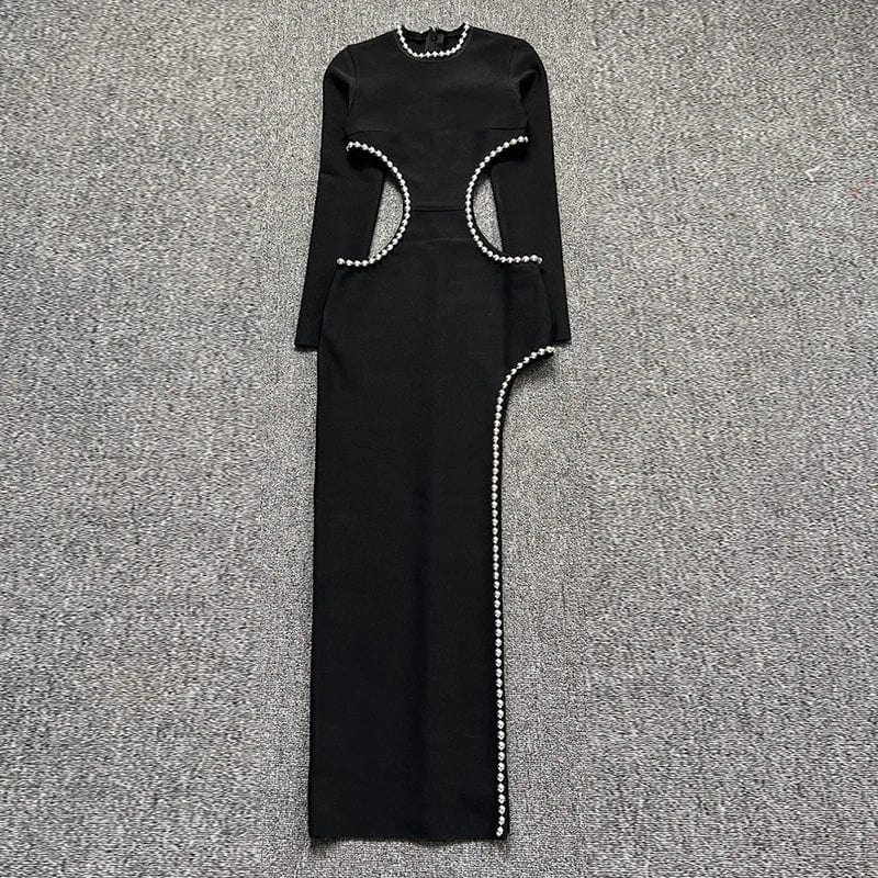 CHICEVER Round Neck Long Sleeve High Waist Split Elegant Women Black Long Dresses