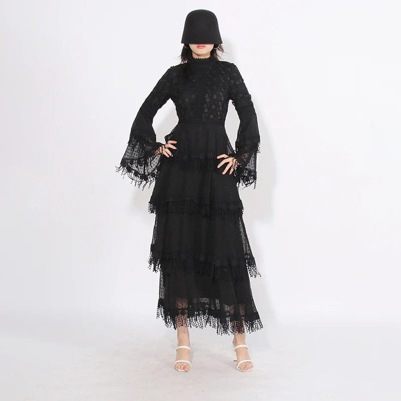 CHICEVER Stand Collar Flare Sleeve High Waist Patchwork Mesh Dresses Long Sleeve Women Long Dress